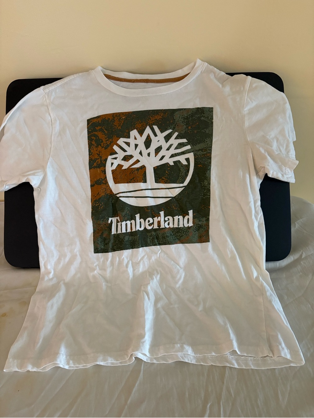Timberland White Short Sleeve Tee with Green & Brown Logo
